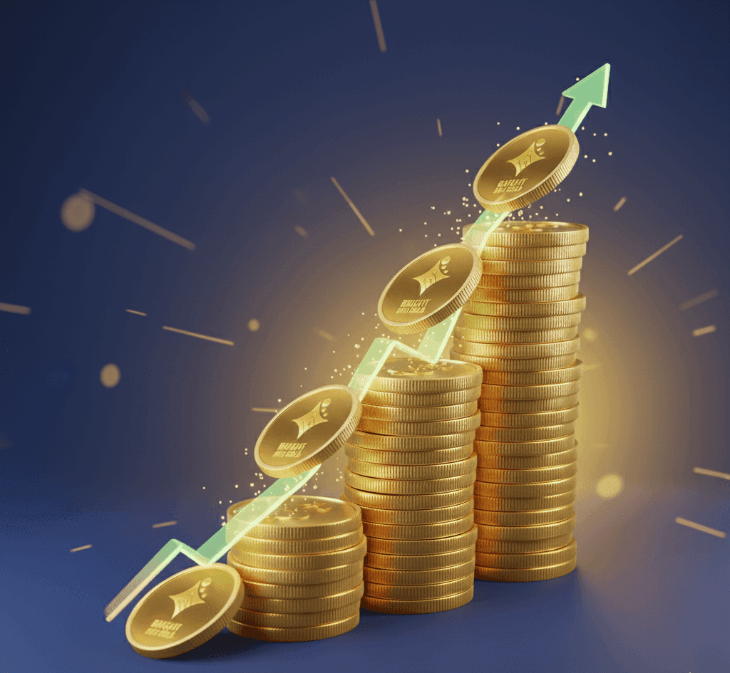 Stacks of Bright DiGi Gold 24K gold coins with a rising arrow